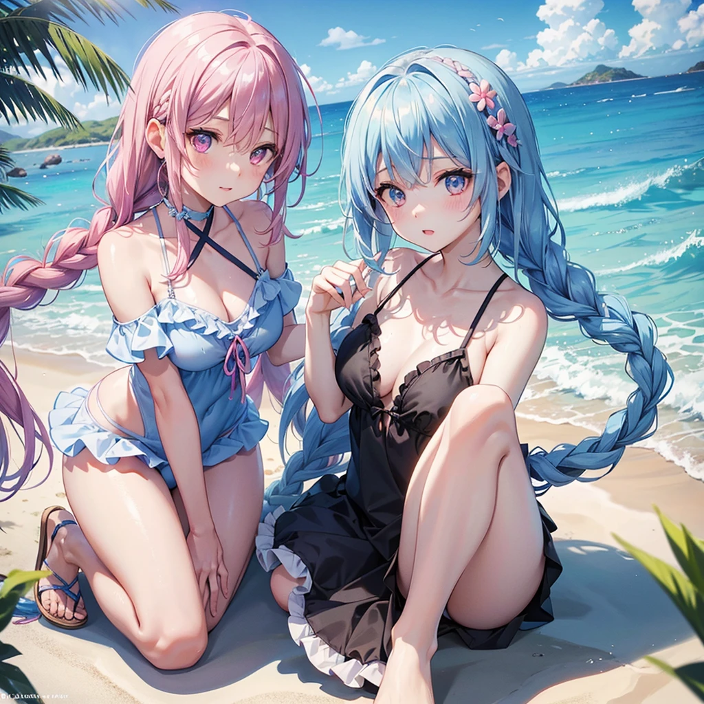 (Sky blue medium hair),(Braided hair tied together)、Pink eyes、Fair skin、(whole body)、(One Girl)、Black frilly swimsuit、Stylish sunglasses、Shining white sand beach in midsummer、Okinawa's ocean、A happy smile、、(masterpiece、Highest quality、Very detailed、Best Shadow)、(Detailed Background)、(Beautifully detailed face)、High contrast、(Best lighting、Very delicate and beautiful)、((Cinematic Light))、colorful、Hyper Detail、Dramatic Light、Exquisite detail、Standing with your legs apart
