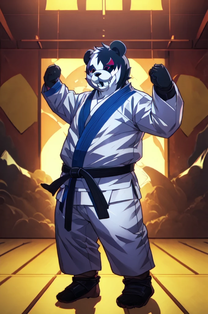 (((Barefoot furry character, full body, cinematic setting, furry male, plantigrade)))

(((monokuma))), bear, grin, teeth, half black and half white, judo, blue kimono, (((ankle braces))), (((martial art footwear)))

BREAK, masterpiece, ((detailed background)), ((dynamic background)), 8K, (masterpiece:1.5), intricate details, highly detailed, extreme detail, octane render, unreal engine, fine art, best quality, highres, (detailed face:1.5), ((full_body)), UHD, (((perfect hands))), low light, set at night