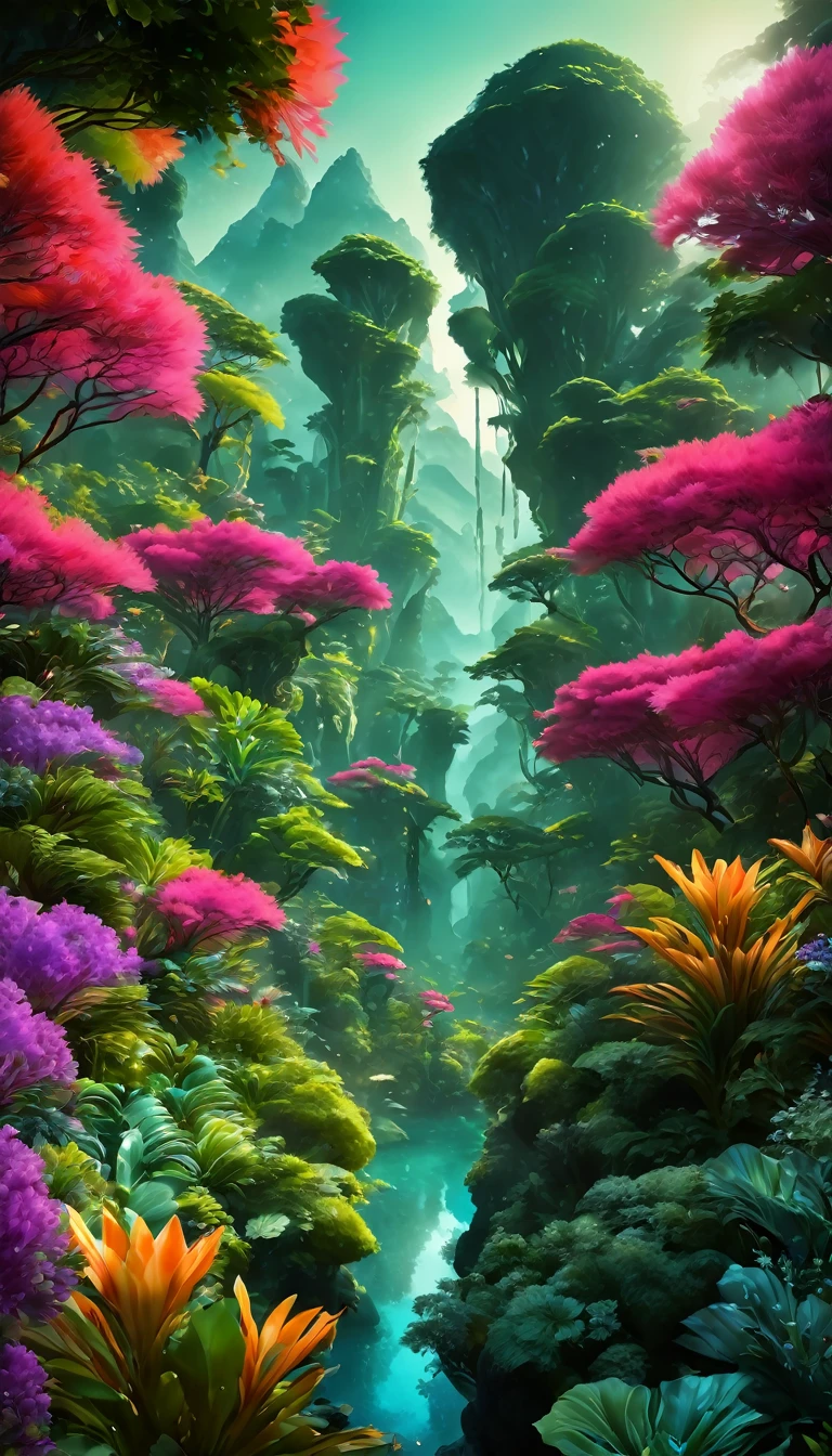 Exotic Landscapes:1.5, (Highest quality, Master of Peace: 1.3), (Super detailedな, Ultra-Realistic Colors: 1.5), Exotic plants and surreal mountains々Space Garden... At night, the landscape is illuminated by bioluminescence.., perfection composition, Best exposure, (Golden Ratio: 1.2), High resolution, dramatic, Cinematic lighting, Trending on Art Station, CG Social Trends, Professional Oil Painting, Extensive details, Painted like a professional painter, ((perfection: 1.3, Attention to detail: 1.5, perfection, High resolution: 1.4, Cinematic: 1.4), ((Work Master)), (Super detailed: 1.4 ), (Realistic: 1.4), amazing, sunset: 1.4, 32k.