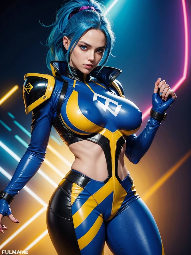 a digital painting of a woman with royal blue and yellow hair, wearing xmen rogue clothes, behance contest winner, afrofuturism, synthwave, neon, glowing neon, huge breast