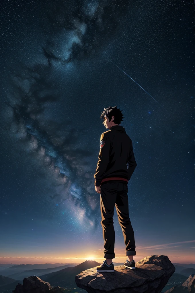 anime boy standing on a rock looking at a star filled sky, 3D anime art wallpaper 4k, anime art wallpaper 4 k, anime art wallpaper 8 k, cosmic skies. inspired by Cyril Rolando, in the style dan mumford artwork, amazing wallpaper, black hair