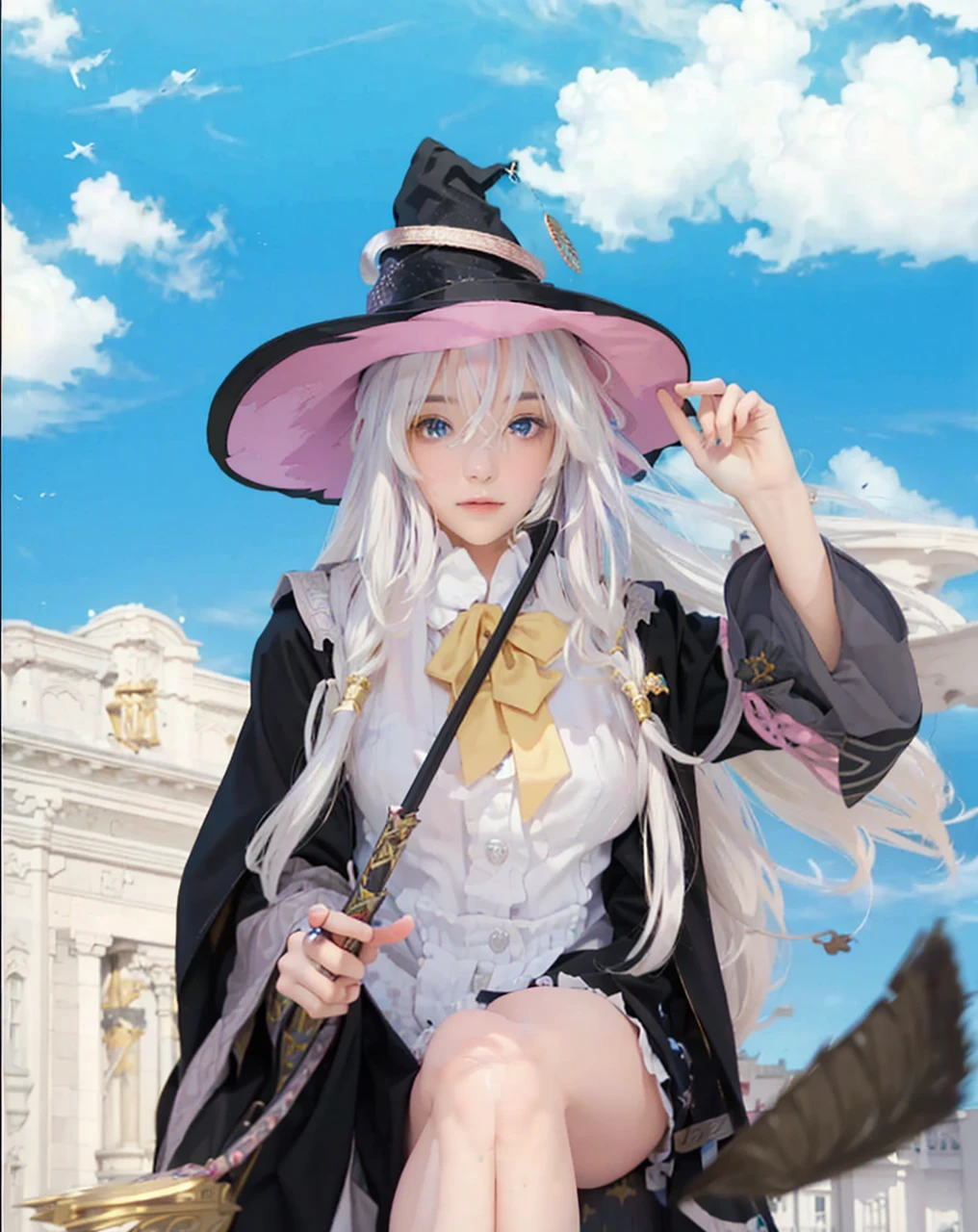 ( WANDERING WITCH: THE JOURNEY OF ELAINA_ELAINA),((realistic, photorealistic)),(highlight hair)), Light reflection, (( HD )),((upper body)), (((best quality, masterpiece))), (masterpiece) (best quality) (detail) (8k) (HDR) (wallpaper) (cinematic lighting) (sharp focuasterpiece, best quality: 1.1), Real life adaption of this character, realistic outfit, realistic shadow, realistic light, realism, hyper realistic, realistic background,realistic hair,(photorealistic:1.2), 1girl,Blue sky cloud background, magic city building, magical girl, witch hat, sitting on a flying broomstick, holding a magic wand, floating white hair,Fly above the clouds, Smooth thighs