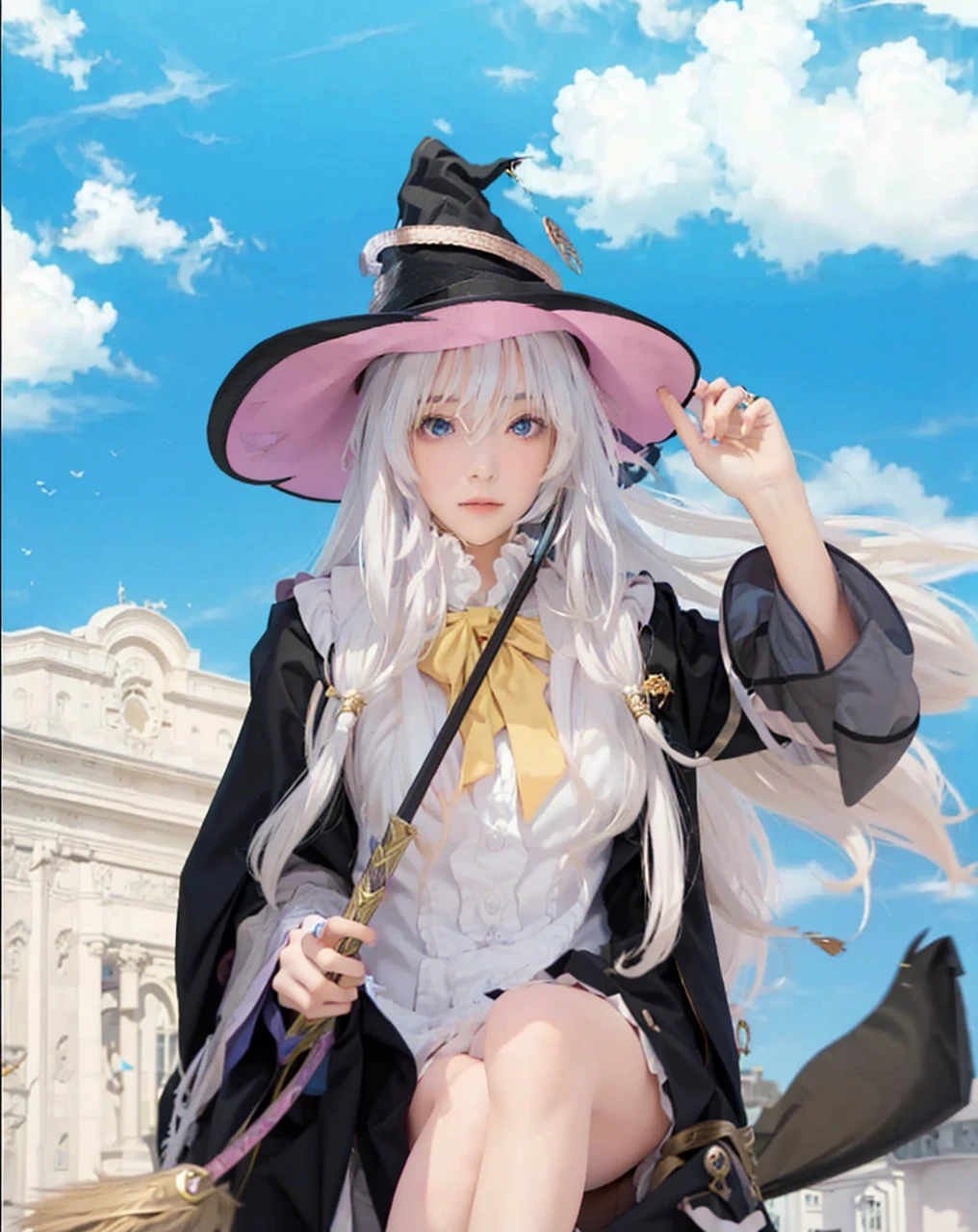 ( WANDERING WITCH: THE JOURNEY OF ELAINA_ELAINA),((realistic, photorealistic)),(highlight hair)), Light reflection, (( HD )),((upper body)), (((best quality, masterpiece))), (masterpiece) (best quality) (detail) (8k) (HDR) (wallpaper) (cinematic lighting) (sharp focuasterpiece, best quality: 1.1), Real life adaption of this character, realistic outfit, realistic shadow, realistic light, realism, hyper realistic, realistic background,realistic hair,(photorealistic:1.2), 1girl,Blue sky cloud background, magic city building, magical girl, witch hat, sitting on a flying broomstick, holding a magic wand, floating white hair,Fly above the clouds, Smooth thighs