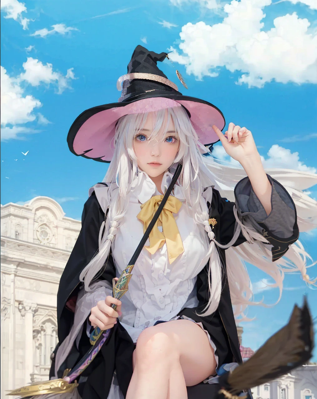 ( WANDERING WITCH: THE JOURNEY OF ELAINA_ELAINA),((realistic, photorealistic)),(highlight hair)), Light reflection, (( HD )),((upper body)), (((best quality, masterpiece))), (masterpiece) (best quality) (detail) (8k) (HDR) (wallpaper) (cinematic lighting) (sharp focuasterpiece, best quality: 1.1), Real life adaption of this character, realistic outfit, realistic shadow, realistic light, realism, hyper realistic, realistic background,realistic hair,(photorealistic:1.2), 1girl,Blue sky cloud background, magic city building, magical girl, witch hat, sitting on a flying broomstick, holding a magic wand, floating white hair,Fly above the clouds, Smooth thighs