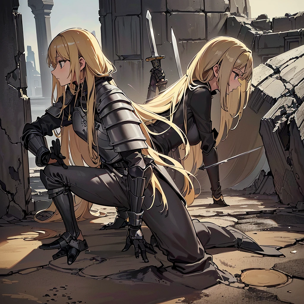 (((Solo)))、Best illustrations、Best Quality、(Full body character concept、detailed)、(((Simple grey armor、Black trousers、Black gloves、woman、18-year-old、Blonde、Long Hair)))、(((Grab the sword、Get Ready)))、(From below)、(Old ruins、desert)、Fall to the floor、(Black, muddy swamp)、(From the side、profile)