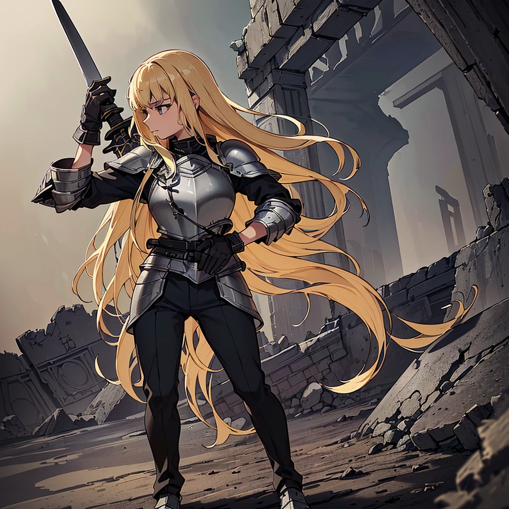 (((Solo)))、Best illustrations、Best Quality、(Full body character concept、detailed)、(((Simple grey armor、Black trousers、Black gloves、woman、18-year-old、Blonde、Long Hair)))、(((Grab the sword、Get Ready)))、(From below)、(Old ruins、desert)、Fall to the floor、(Black, muddy swamp)、(From the side、profile)