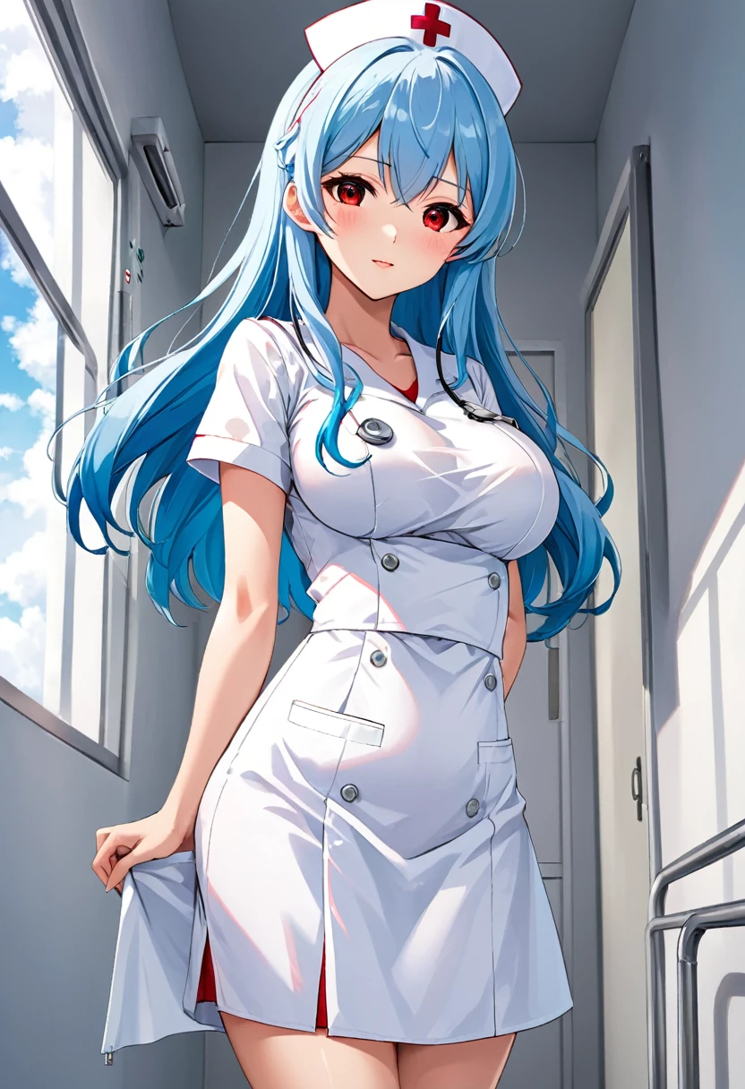 My name is Yukiko.I am a white test woman with long Sky blue hair,red eye color.I am 1.62 cm tall . My breasts measure 200 cm, my waist 40 cm and my hips 200 cm.Dressed in a short nurse outfit . With 200 cm breasts