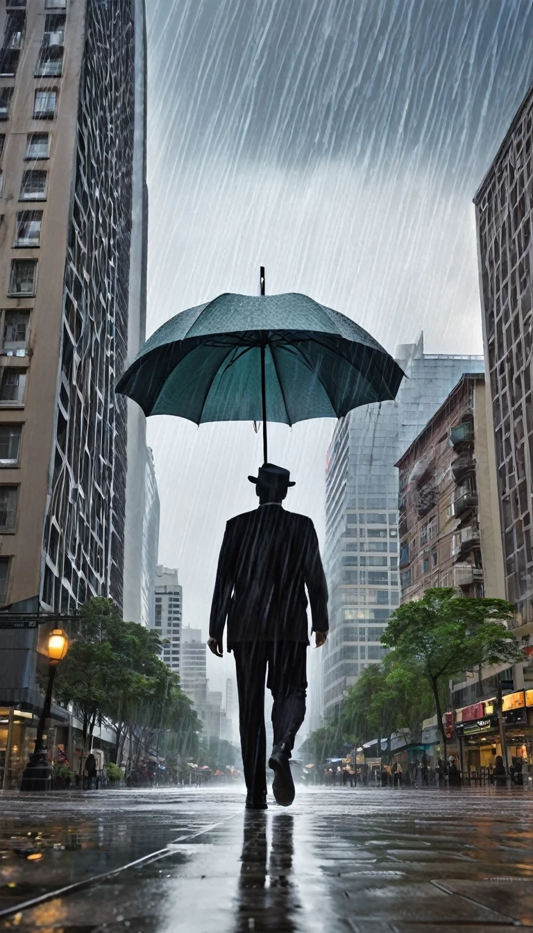 (A 20m tall human giant is walking through a city of buildings: 1.5) (It's raining in the city, so he's carrying a giant umbrella: 1.5) Ordinary passersby are walking under the giant's umbrella. A giant tennis racket is installed on the wall of the second floor of the building: 1.5)
The exterior of the building should be set to a cityscape, at dusk.