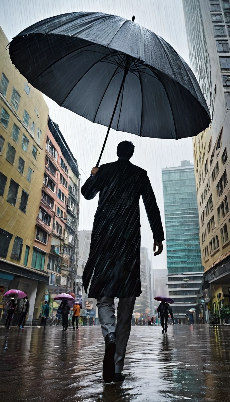 (A 20m tall human giant is walking through a city of buildings: 1.5) (It's raining in the city, so he's carrying a giant umbrella: 1.5) Ordinary passersby are walking under the giant's umbrella. A giant tennis racket is installed on the wall of the second floor of the building: 1.5)
The exterior of the building should be set to a cityscape, at dusk.
