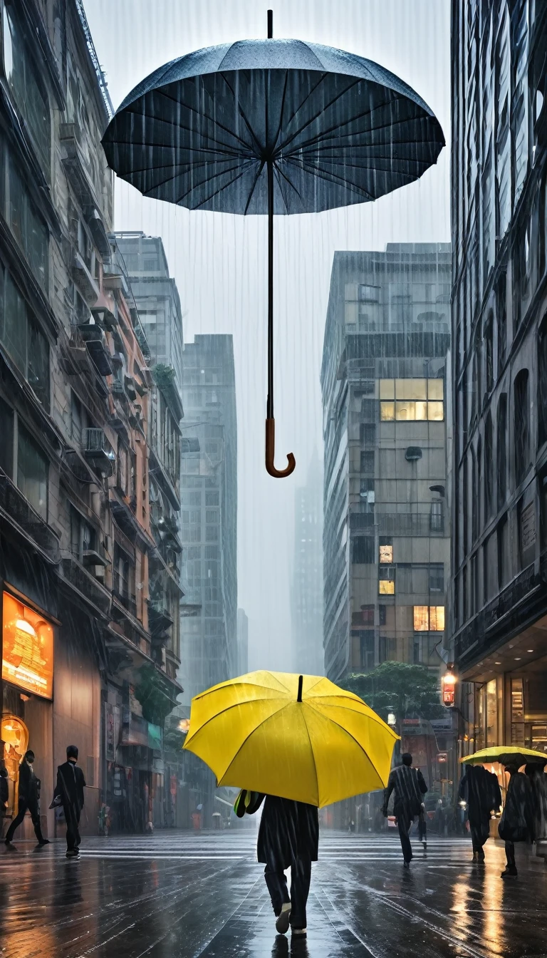 (A 20m tall human giant is walking through a city of buildings: 1.5) (It's raining in the city, so he's carrying a giant umbrella: 1.5) Ordinary passersby are walking under the giant's umbrella. A giant tennis racket is installed on the wall of the second floor of the building: 1.5)
The exterior of the building should be set to a cityscape, at dusk.