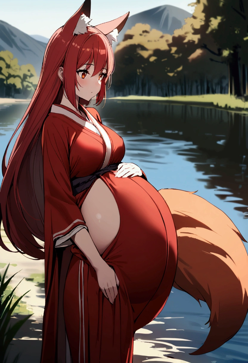 1girl with long red hair, amber eyes, fox ears, slender body, ,fox tail, red kimono, pregnant, outdoors, near lake