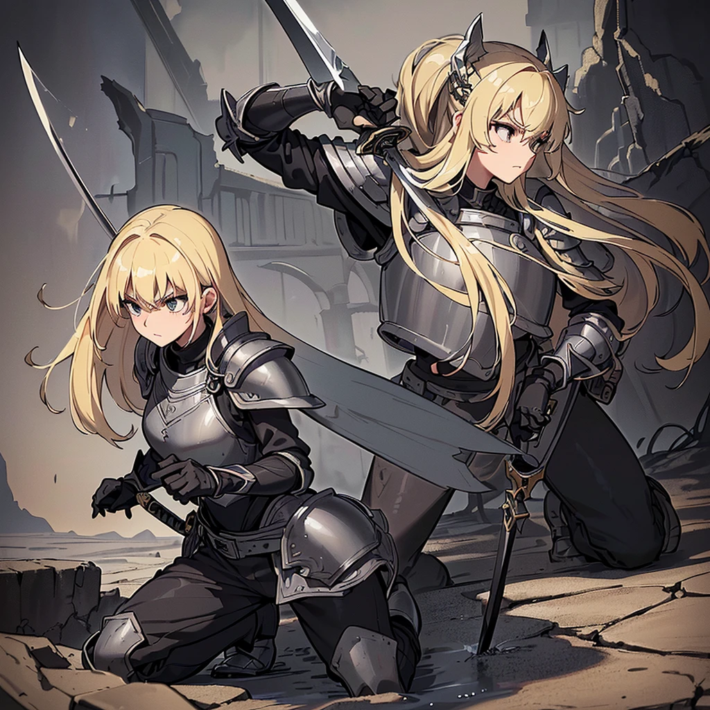 (((Solo)))、Best illustrations、Best Quality、(Full body character concept、detailed)、(((Simple grey armor、Black trousers、Black gloves、woman、18-year-old、Blonde、Long Hair)))、(((Grab the sword、Get Ready)))、(From below)、(Old ruins、desert)、Fall to the floor、(Black, muddy swamp)、(From the side、profile)