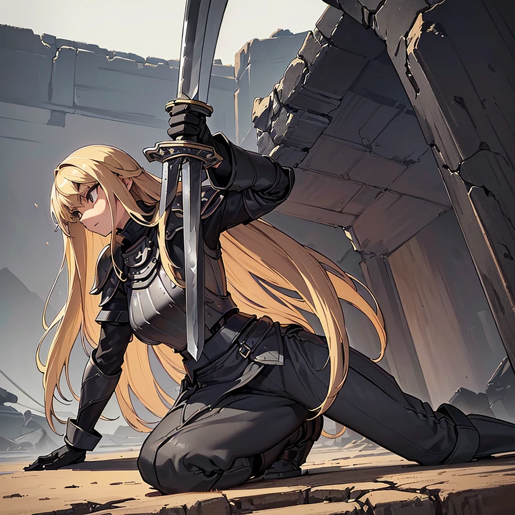 (((Solo)))、Best illustrations、Best Quality、(Full body character concept、detailed)、(((Simple grey armor、Black trousers、Black gloves、woman、18-year-old、Blonde、Long Hair)))、(((Grab the sword、Get Ready)))、(From below)、(Old ruins、desert)、Fall to the floor、(Black, muddy swamp)、(From the side、profile)