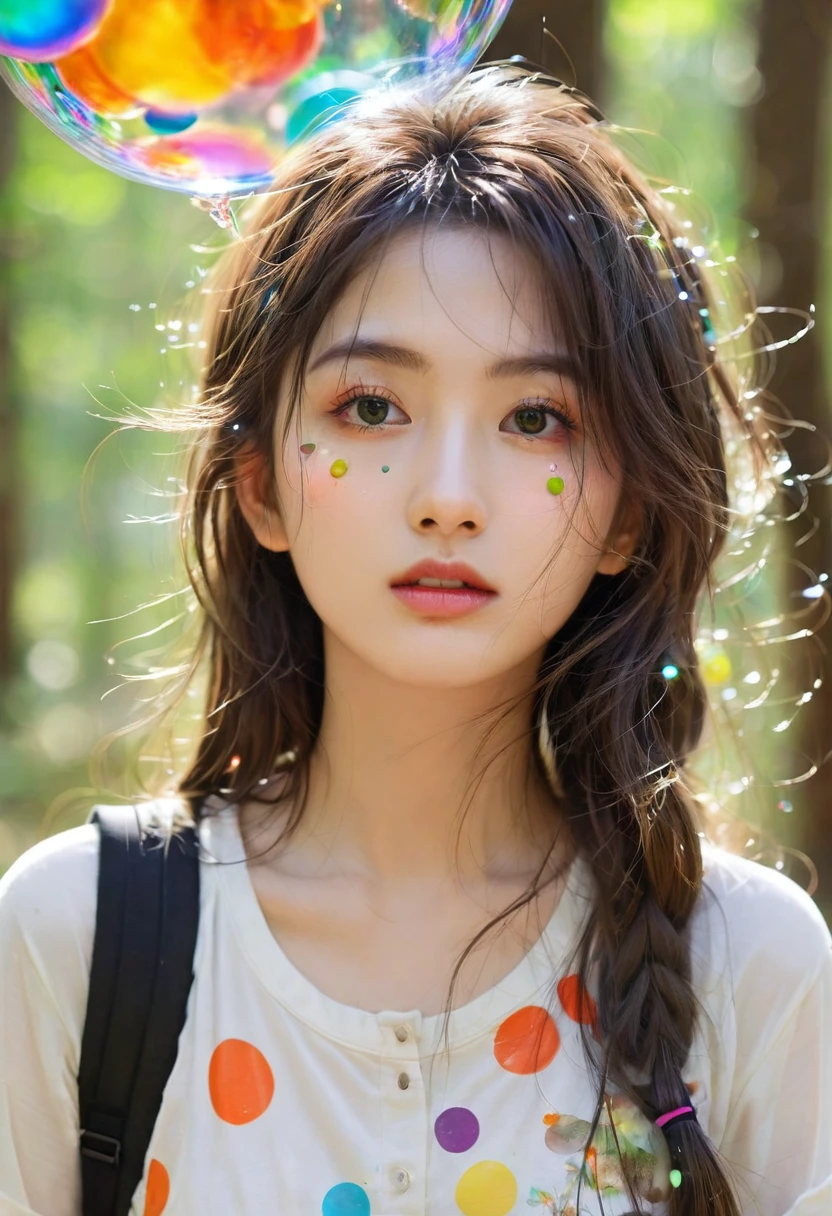 Nashida (masterpiece), (best quality), (Extremely detailed),(Messy hair),(illustration), (1 Girl), Beautiful and delicate eyes,Delicate and beautiful face,floating,(High Saturation),(Colorful splash),Colored bubbles,(shining),Focus on the face, Walking in a forest full of colorful mushrooms