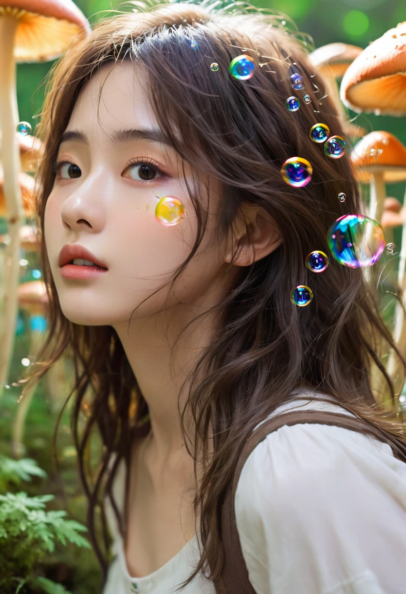 Nashida (masterpiece), (best quality), (Extremely detailed),(Messy hair),(illustration), (1 Girl), Beautiful and delicate eyes,Delicate and beautiful face,floating,(High Saturation),(Colorful splash),Colored bubbles,(shining),Focus on the face, Walking in a forest full of colorful mushrooms