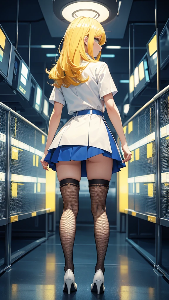 8k Beautiful Woman Yellow Hair Full Body White Shirt Blue Mini Skirt Black Fishnet Stockings Hospital Set Background Back View