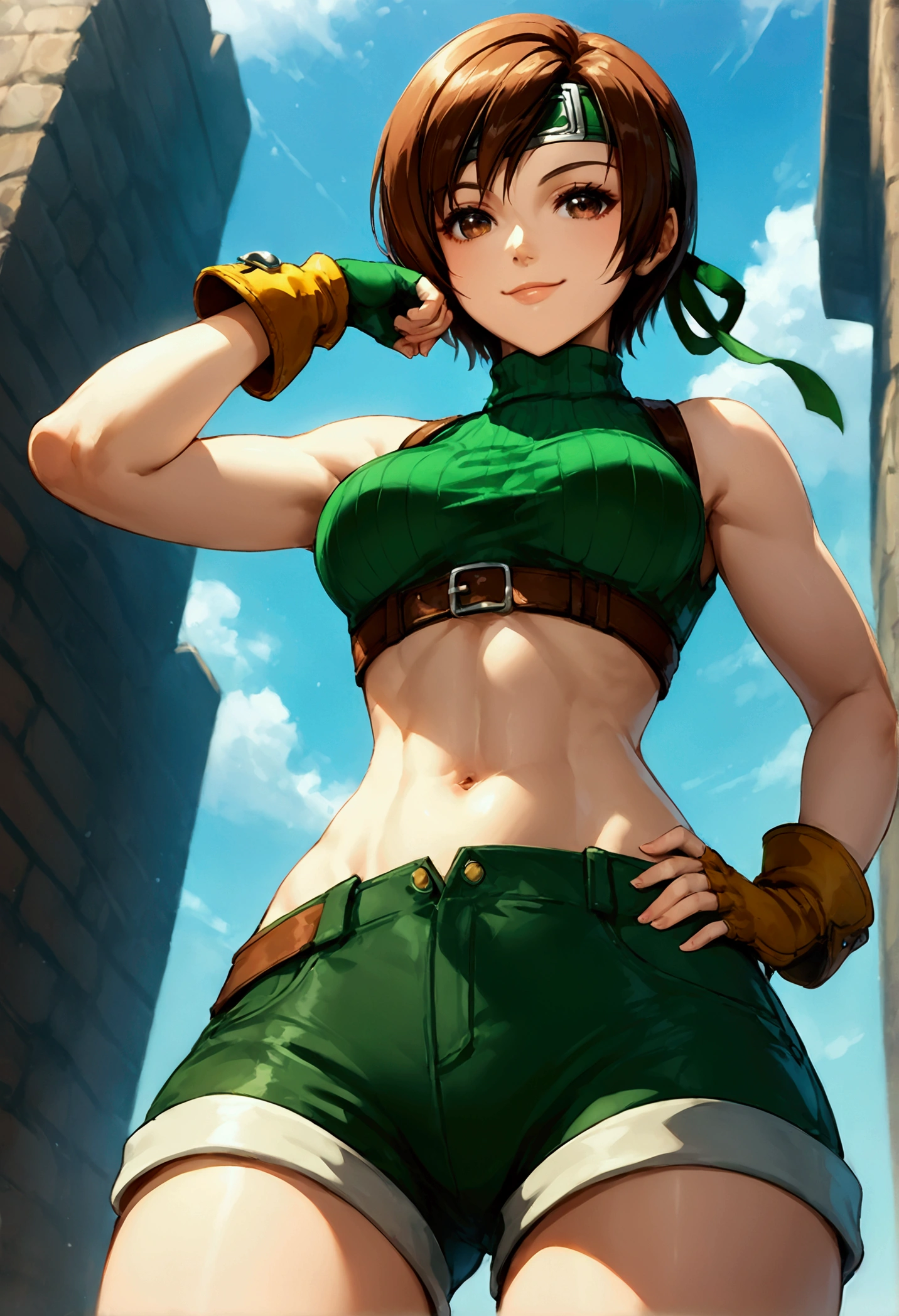 score_9, score_8_up, score_7_up,,BREAK , ,from front,front view,below angle,,standing,contrapost,upperbody ,,straight-on,Solo,1girl, yuffie kisaragi, final fantasy,,short hair,headband,navel,sleeveless,turtleneck,brown eyes,sleeveless turtleneck,solo,breasts,looking at viewer,smile,gloves,crop top,brown hair,shorts,midriff,armor,sweater,open fly,fingerless gloves,ribbed sweater,medium breasts,,beautiful waist ,,light smile,,hand on own hip,daytime,outdoor,(ultra detailed),(best quality),(aesthetic,very aesthetic),,　　