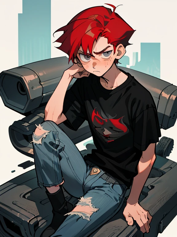 17-year-old male adolescent, height 1.70 red hair, a little long, tired gray eyes and a serious and cold face, wearing old blue jeans, a black t-shirt and old black boots.