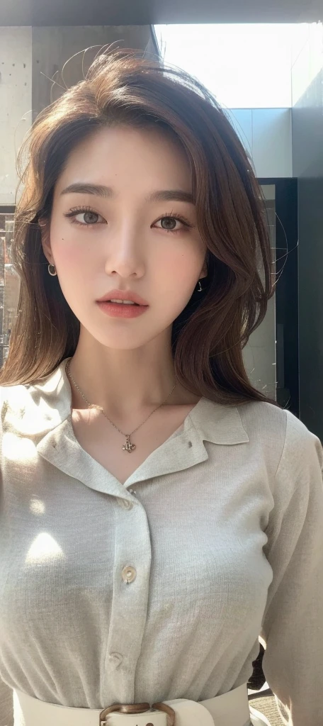(Best quality, High resolution, Masterpiece :1.3), A tall and pretty woman, Slender abs, Dark brown hair styled in loose waves, Breasts, Wearing pendant, White button up shirt, Belt, Black skirt, (Modern architecture in background), Details exquisitely rendered in the face and skin texture, Detailed eyes, Double eyelid