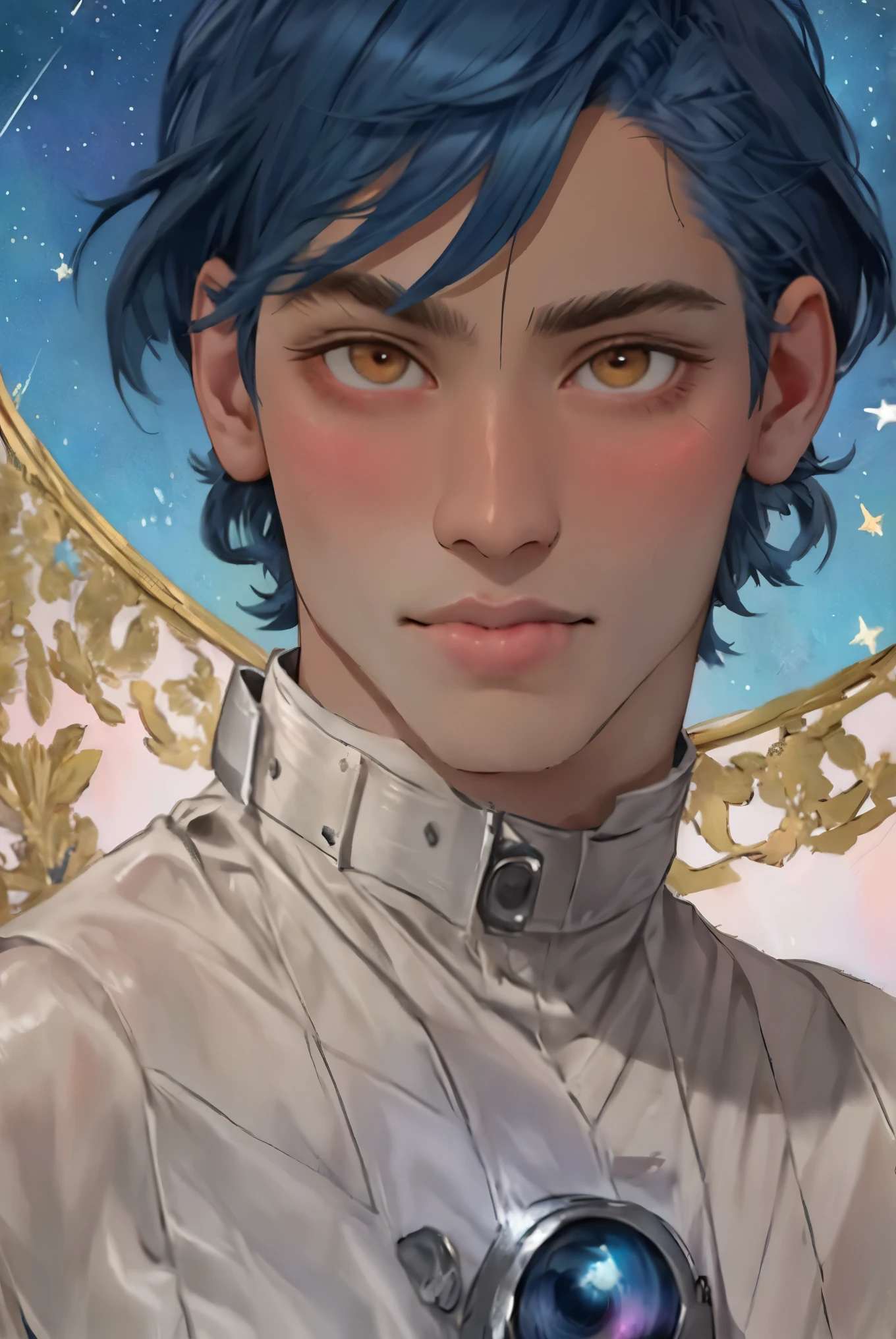 Masterpiece, Best Quality, Masterpiece, male, divine quality, divine art, Very detailed face, whole body, very realistic, beautiful, , large eyes, long eyelashes, multicolor fur, multicolored eyes, shiny skin, full lips, big lips, shiny skin, blush, magnificent view, in the space, starry background, stars, glowing light, multicolor light, Maid Costume, blue hair, read a red book