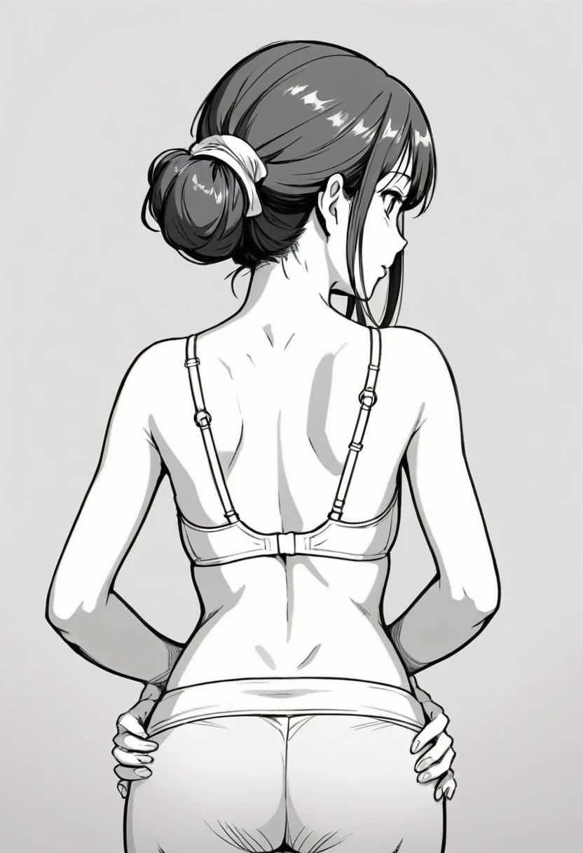 Fastening bra straps, rear view composition, woman, line drawing, black and white, japanese , hands around back, removing bra, backgraund white