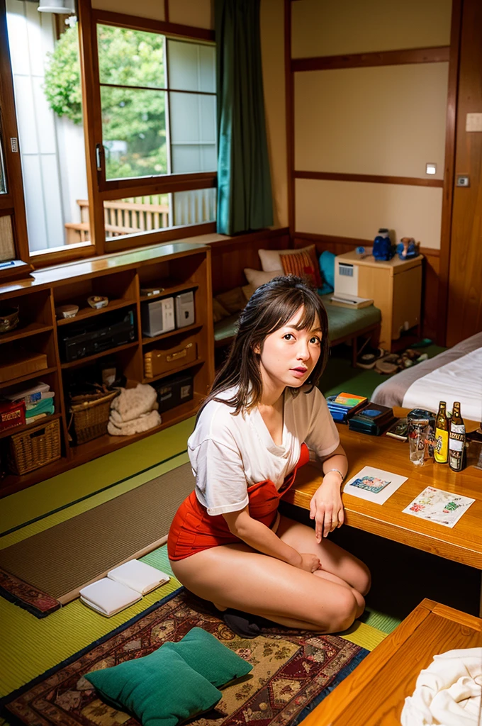 ((Highest quality)), ((masterpiece)), (detailed), Two Girls, japanese room, Beer 、Messy room