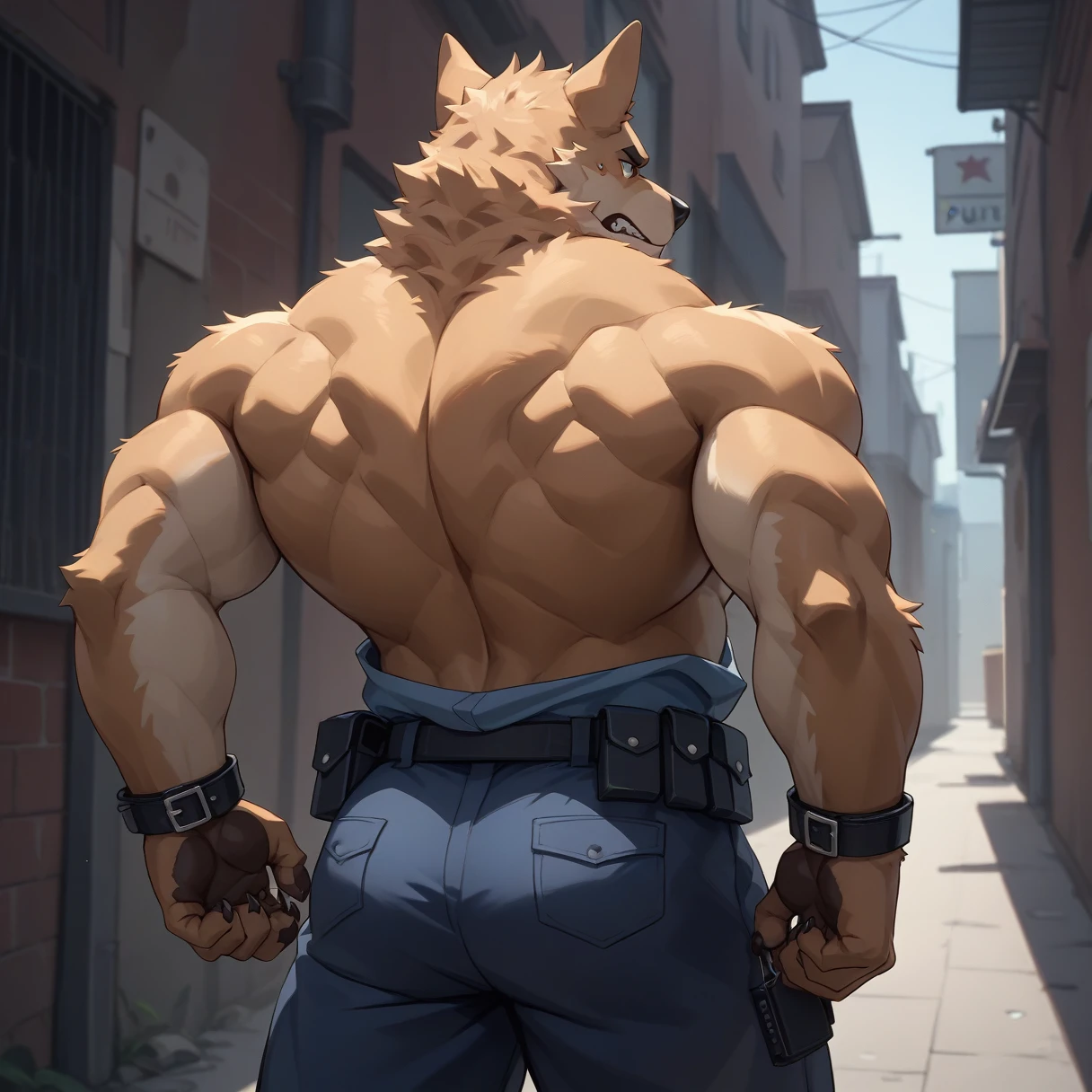 （Furry、dog police officer）、Dark back alley、Hands restrained behind your back、Look forward、Muscular、Looks frustrated、Are standing