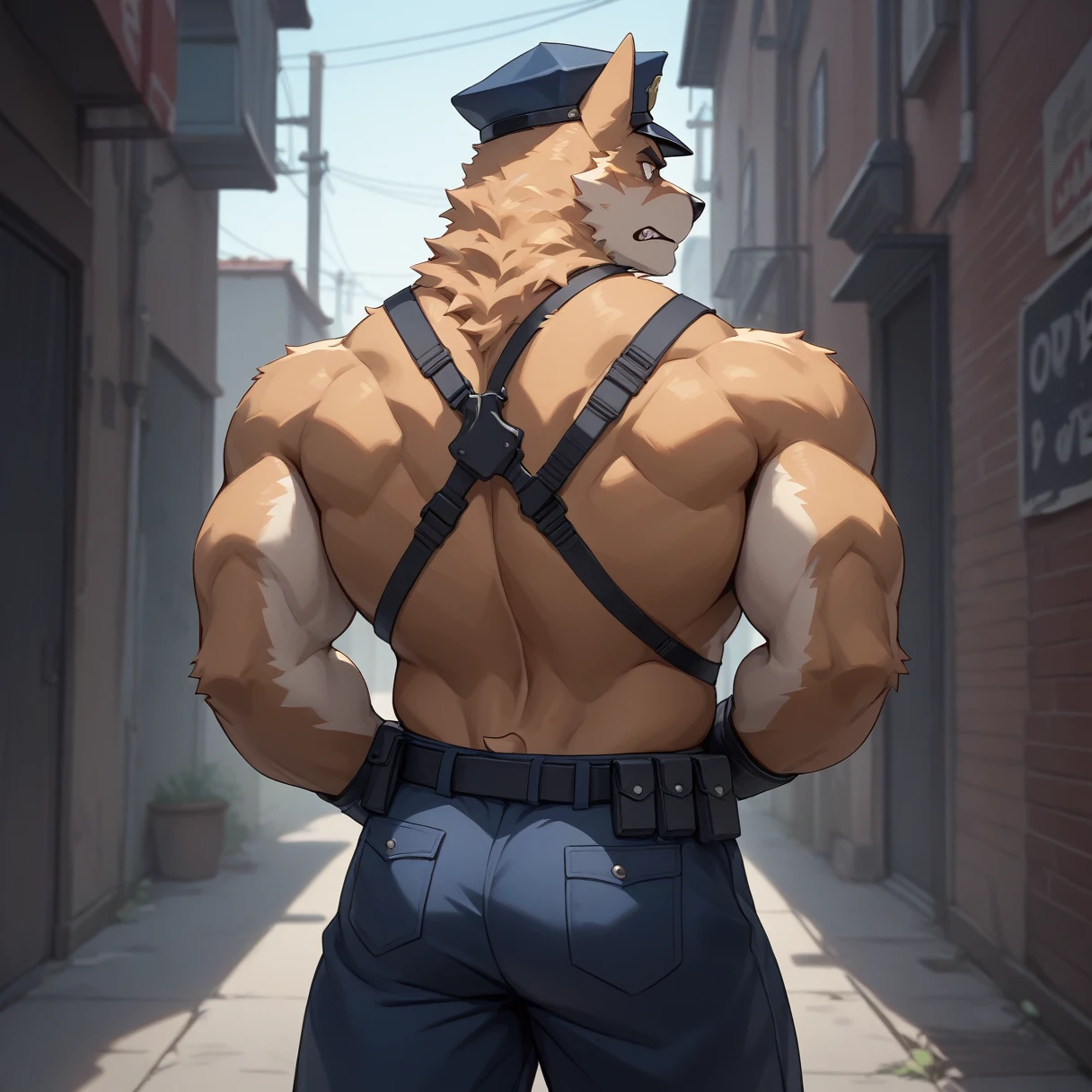 （Furry、dog police officer）、Dark back alley、Hands restrained behind your back、Look forward、Muscular、Looks frustrated、Are standing