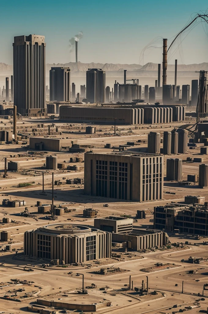dystopian world, futuristic iron city, toxic gases, wiring networks, only surviving people, desolate city, lack of water, industrial pollution, global warming, greenhouse effect, desert community 