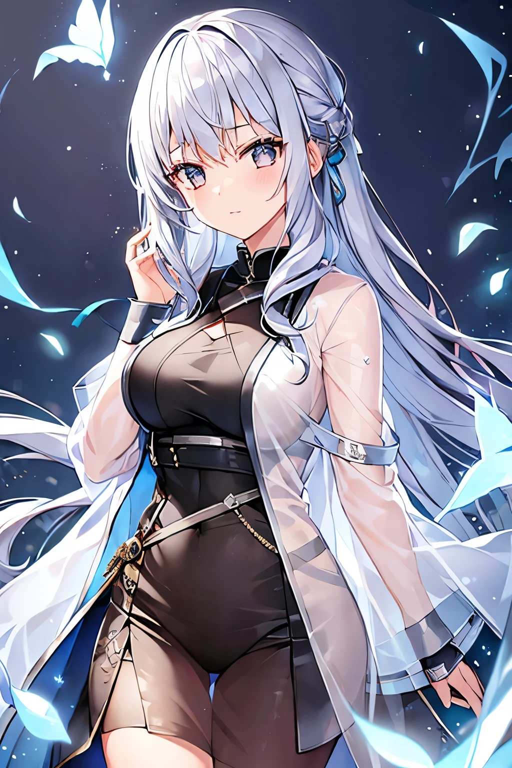 1 girl、Silver Hair、((See-through jacket、Wizard's Clothes))、Blue and black decor、Bigger breasts、Shoulder Bare、Upper body only、Ice crystals、Too much exposure