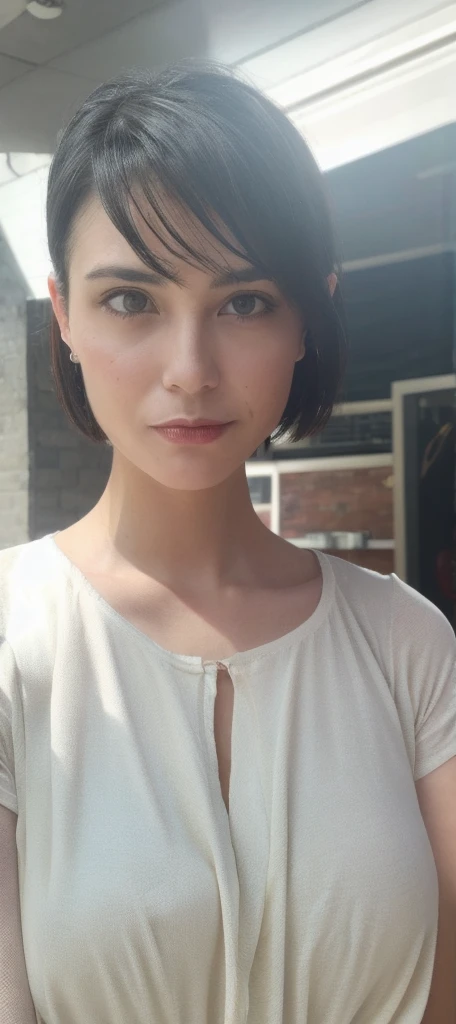A high quality picture, a short hair girl,with a balck hair ,with a big breast, big breast, sexy face expression, horny face