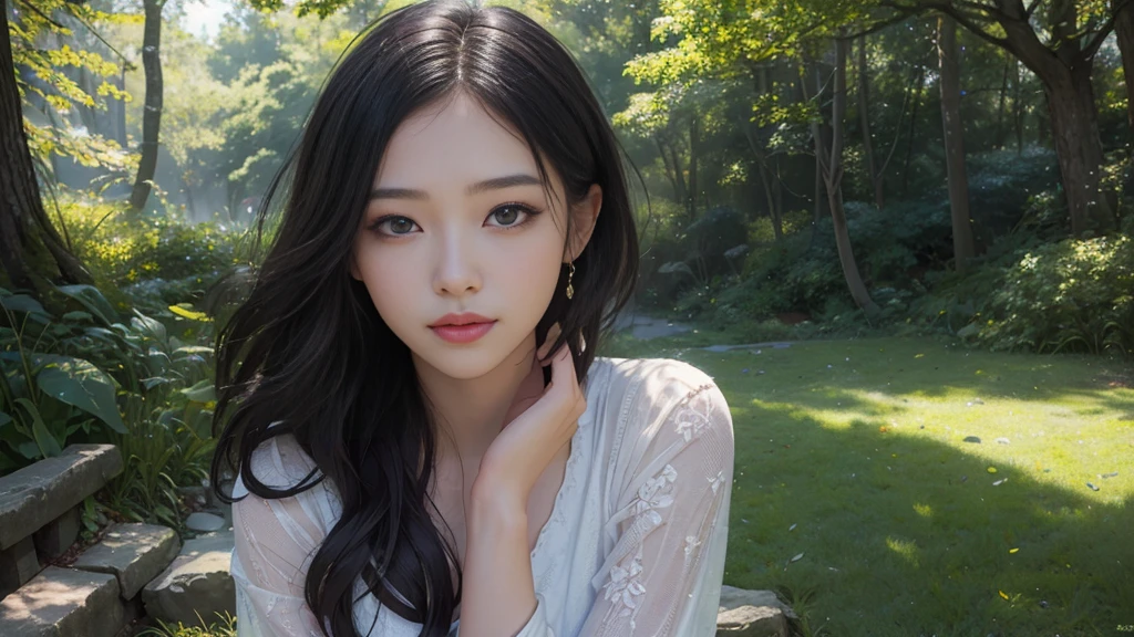 One Girl, Cubism Futurism, Romanticism, modern art, realism, Genre painting, Hmph, Anatomically correct, Textured skin, Attention to detail, Awards, High resolution, 8K,(Photorealistic:1.5)、Beautiful face、Detailed black eyes、Cute eyes、Facial expressions of details、Perfect Proportions、(Full Body Lesbian)、20-year-old、Angelic、Smile a little、(みんなにdreamを与える男)、(Beauty that captivates the viewer)、The light shines、 the forest、dream、fantasy、Optics、Rays of light、about、Photorealistic、(Fractal Art:1.10)、Background Blur、Zoom out、