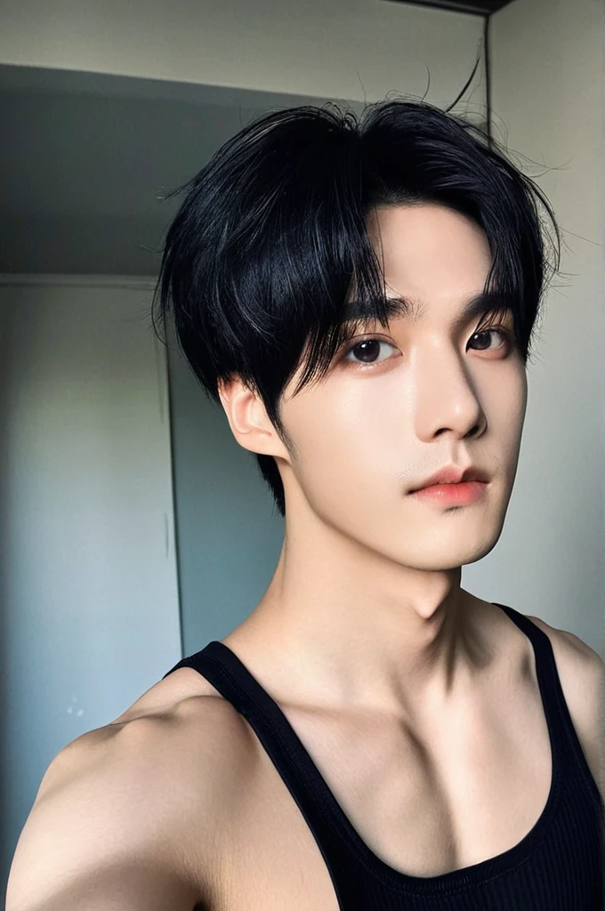 One boy, Young man with black hair (Mash Straight Hair),Male K-Pop Idols, Levi Ackerman, Medium portrait,chop, Beautiful Model, Oval Face, Vivid,Selfie,(In a dark room),The whole body is shown