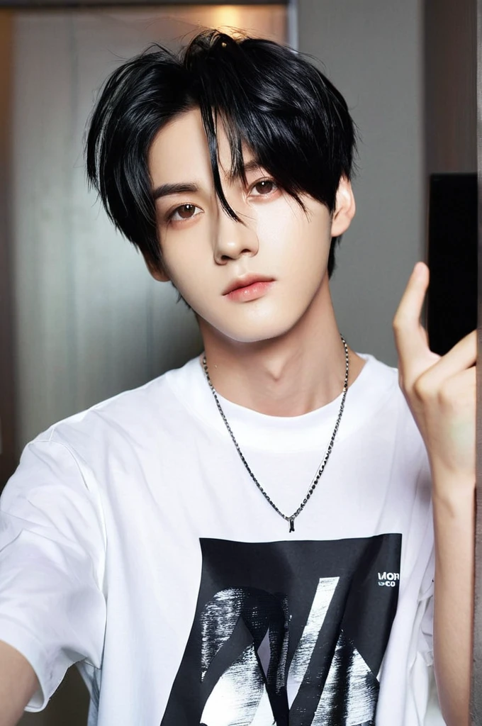One boy, Young man with black hair (Mash Straight Hair),Male K-Pop Idols, Levi Ackerman, Medium portrait,chop, Beautiful Model, Oval Face, Vivid,Selfie,(In a dark room),The whole body is shown
