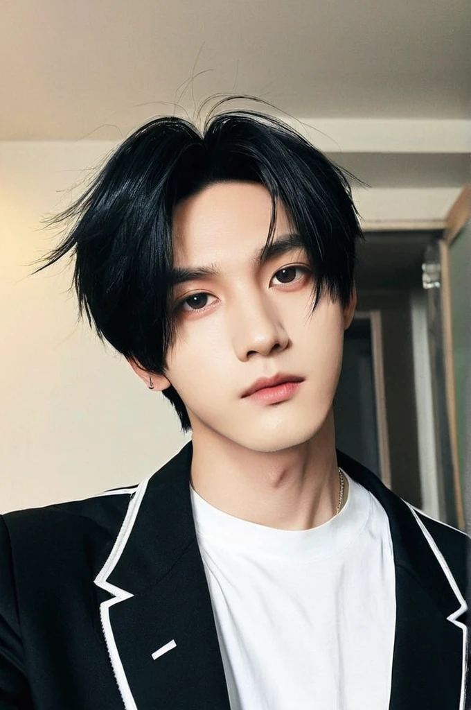 One boy, Young man with black hair (Mash Straight Hair),Male K-Pop Idols, Levi Ackerman, Medium portrait,chop, Beautiful Model, Oval Face, Vivid,Selfie,(In a dark room),The whole body is shown