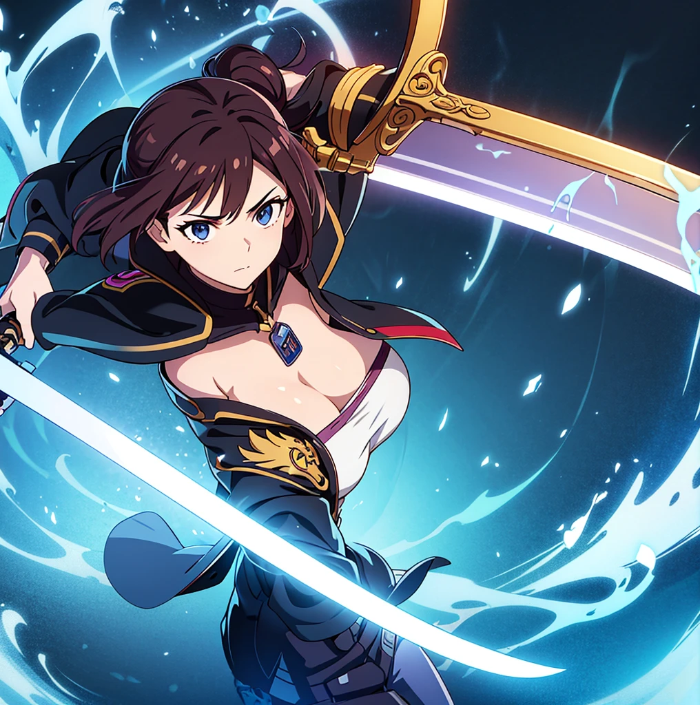 an animated character is in the background of a video game screener and an image of a girl in an with a sword on her shoulder and her breasts spread out