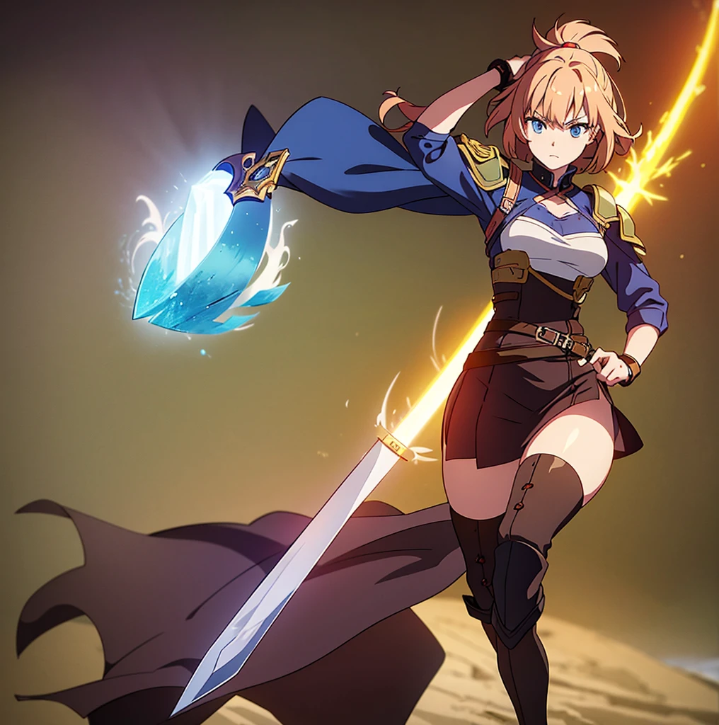 an animated character is in the background of a video game screener and an image of a girl in an with a sword on her shoulder and her breasts spread out