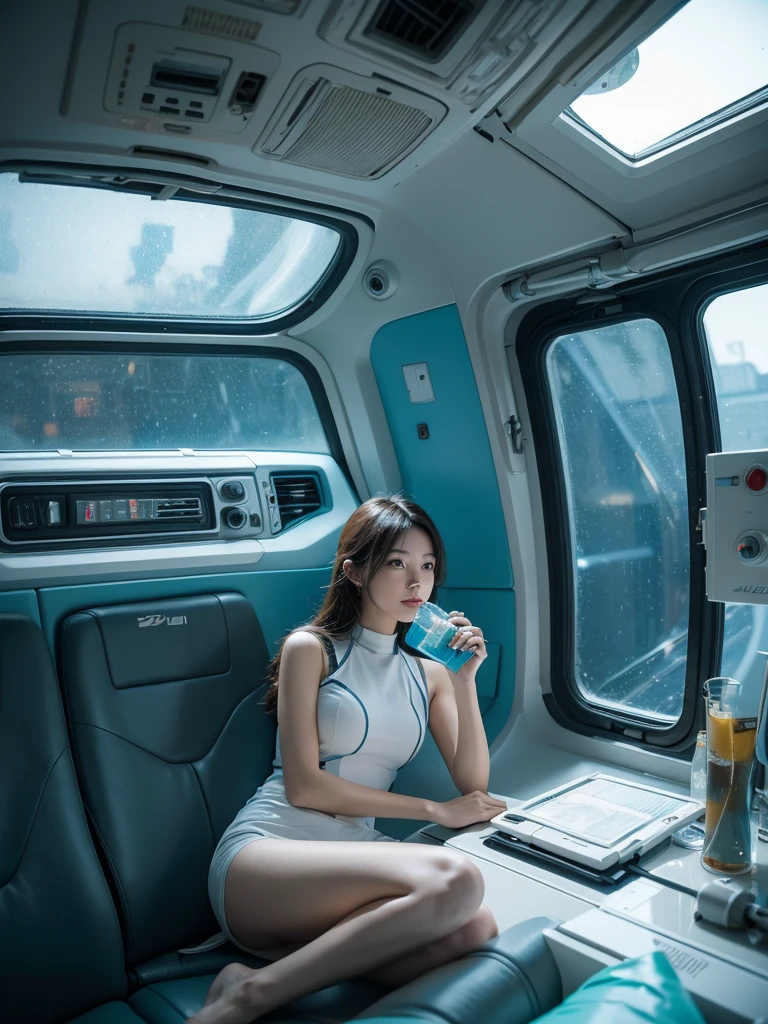 arafed woman On the space station with a camera, In a futuristic spaceship, On the space station, In spaceships, On the spacecraft, On the space station上, Fantastic cyberpunk girl, Mixed style beeple, In a crashed spaceship, In the city of the future, Girl in Space, Low-key cyberpunk style, Movie. Leng Jun, spacecraft living capsule, intricate interior render, turquoise and cream color pallete, detailed high-tech furniture, organic fresh plants around, on the wall a ductless air conditioner with a clear "Mitsubishi electric" logo on it, one man and one woman just take off their astronaut outfit, sitting and drinking cocktail, chill atmosphere --style raw