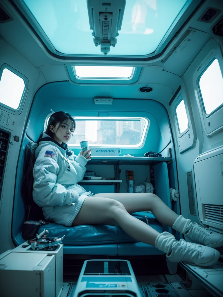 arafed woman On the space station with a camera, In a futuristic spaceship, On the space station, In spaceships, On the spacecraft, On the space station上, Fantastic cyberpunk girl, Mixed style beeple, In a crashed spaceship, In the city of the future, Girl in Space, Low-key cyberpunk style, Movie. Leng Jun, spacecraft living capsule, intricate interior render, turquoise and cream color pallete, detailed high-tech furniture, organic fresh plants around, on the wall a ductless air conditioner with a clear "Mitsubishi electric" logo on it, one man and one woman just take off their astronaut outfit, sitting and drinking cocktail, chill atmosphere --style raw