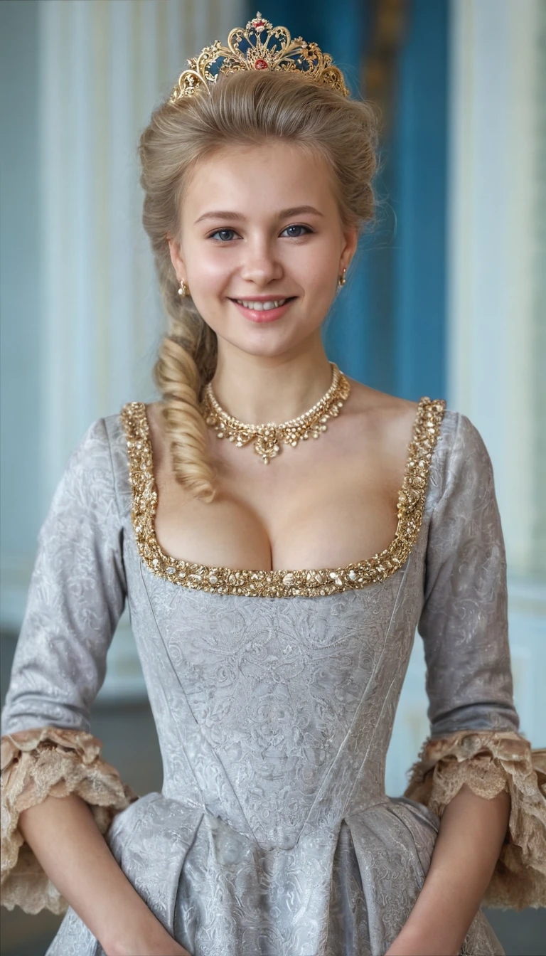 Close up shot, standing pose,  looking at camera, Russian girl, 18 age old, (Blond hair, middle hair ,  wince, Gray eyes, beautiful lip, smile),  (big breasts, slender whist, wide hip, real public hair) ,(Rococo 18the century dress) , (gold earing , peal neckless. tiara with Dimond), on floor in Palace, in Moskva, textured skin , HI detailed skin, (foreshortening, Canon, UHD, anatomically correct,  super detail, high details, highness, 