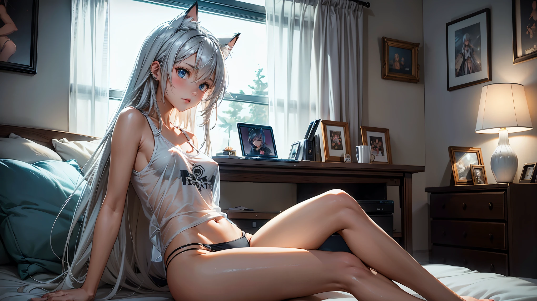 Create a high-quality, detailed image of a beautiful anime gamer girl with tattoos, long silver hair, and small cat ears, sitting at her gaming PC in her bedroom. She is wearing a see-through tank top, barely showing her nipples, with her legs open, revealing her panties and midriff, highlighting her stunning curves. The warm, inviting scene includes soft ambient lighting and comfortable seating. The bedroom is illuminated by a small lamp, creating a serene and intimate atmosphere. Ensure the room has cozy elements like a bed with plush pillows and blankets, posters on the walls, and a few gaming accessories scattered around to enhance the ambiance.