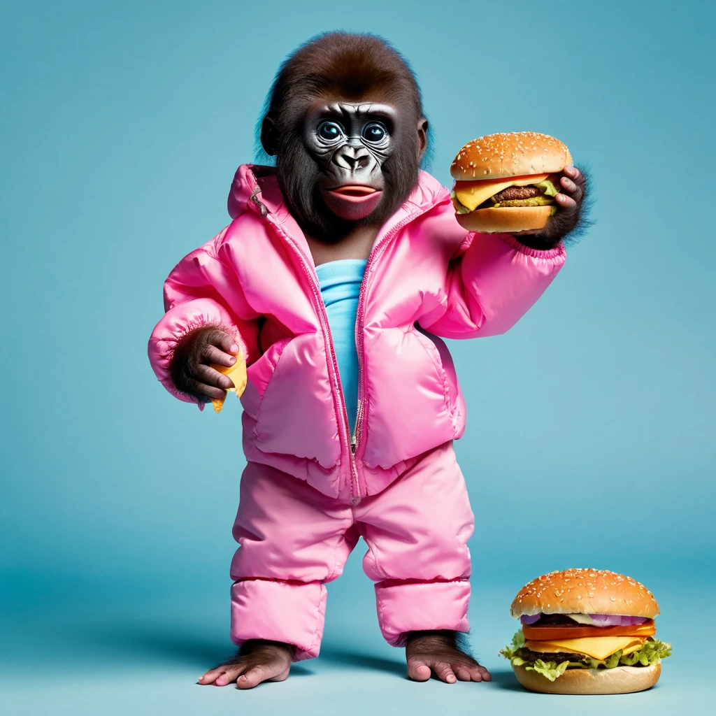 gorilla , baby, standing, big blue eyes, in a pink children's jacket, and children's pants, with a burger in his hand, on a plain blue background, in full growth,