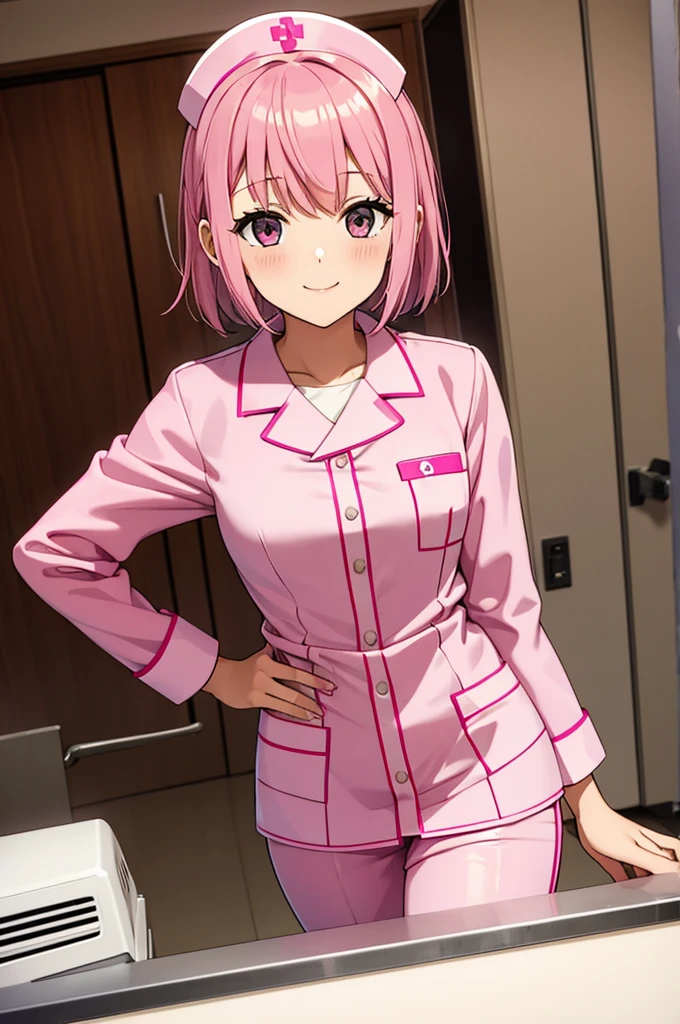 young, Cute girl, pink hair, pink nurse suit, in the hospital room, smiling