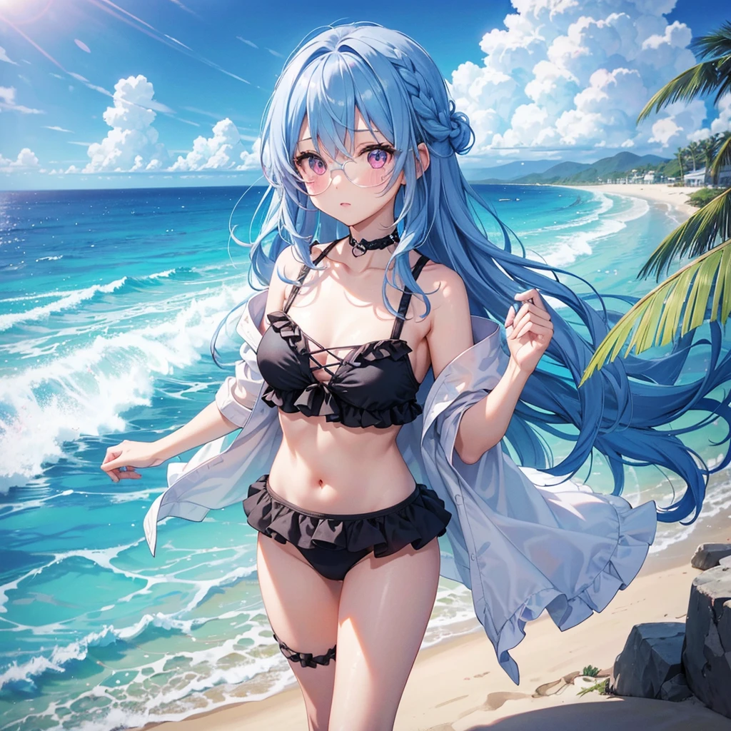(Sky blue medium hair),(Braided hair tied together)、Pink eyes、Fair skin、(whole body)、(One Girl)、Black frilly swimsuit、Stylish sunglasses、Shining white sand beach in midsummer、Okinawa's ocean、A big smile、、(masterpiece、Highest quality、Very detailed、Best Shadow)、(Detailed Background)、(Beautifully detailed face)、High contrast、(Best lighting、Very delicate and beautiful)、((Cinematic Light))、colorful、Hyper Detail、Dramatic Light、Exquisite detail、Standing with your legs apart