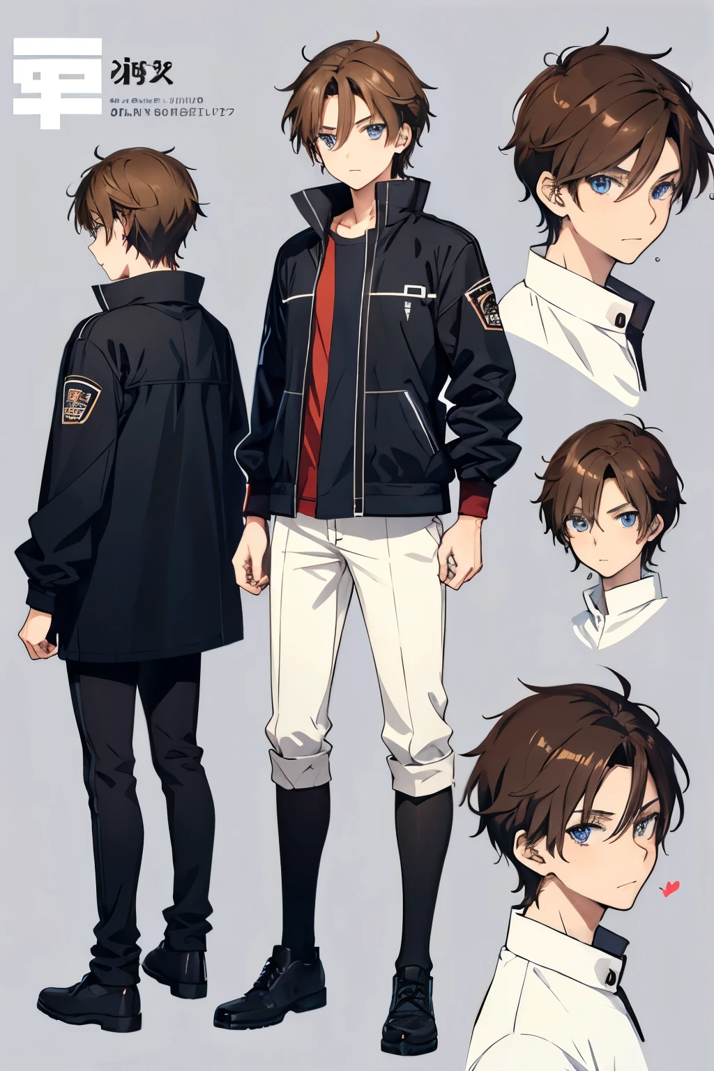 Default anime character, anime boy, , model sheet character, character is standing with straight body, character has brown hair, fair skin, character has blue eyes, wears clothes and a black jacket