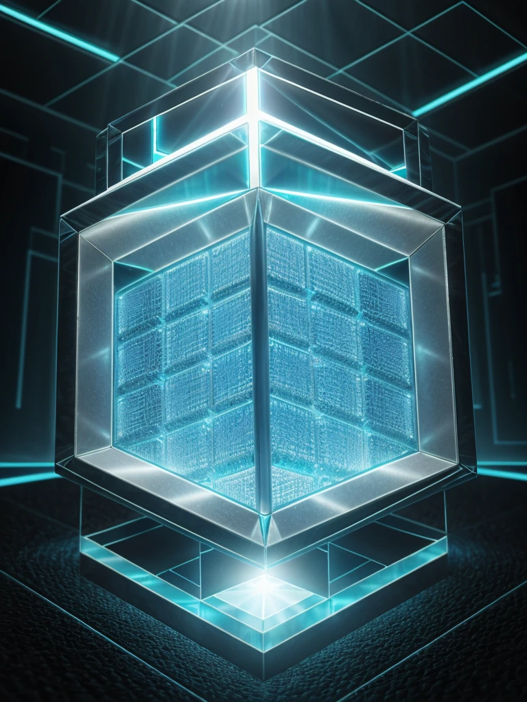 there is a light that is shining on a table, cyan dimensional light, futuristic lighting, cinematic counter light, solid cube of light, volumetric lighting futuristic, futuristic dramatic lighting, lit. 'the cube', vaporwave lighting, oled lights in corners, tesseract, optical caustic lighting, the tesseract, light coming from crt monitor