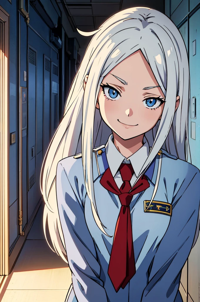 anime, Screenshot Boku no Hero Academia, Women, beautiful, clear skin, White hair, straight hair, long hair, a little hair on the forehead like a lock, slanted eyes, light blue eyes, shy expression smiling, saluting Uniform gray jacket and red tie, school hallway background, looking at the camera head on