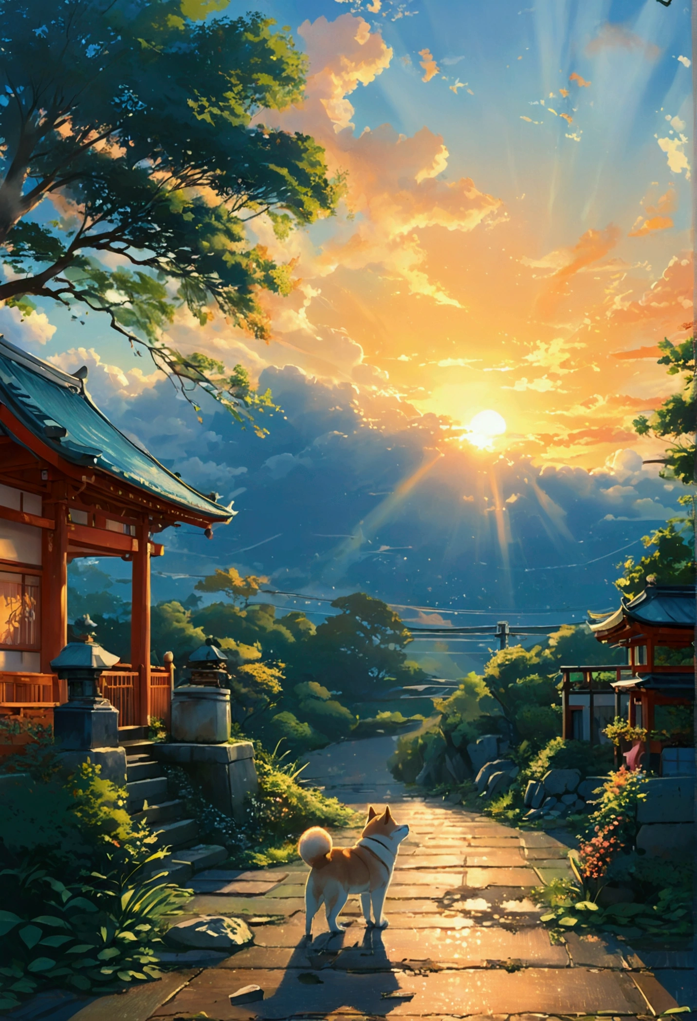 Makoto Shinkai Taste, Beautiful sky, Shiba Inu Puppy, ,Romantic Landscape, Healing scenes, Light pours in,hope, Summer Morning, Makoto Shinkai Taste,Detailed Description, Japanese Shrines, Sunset, Mystical scene,
