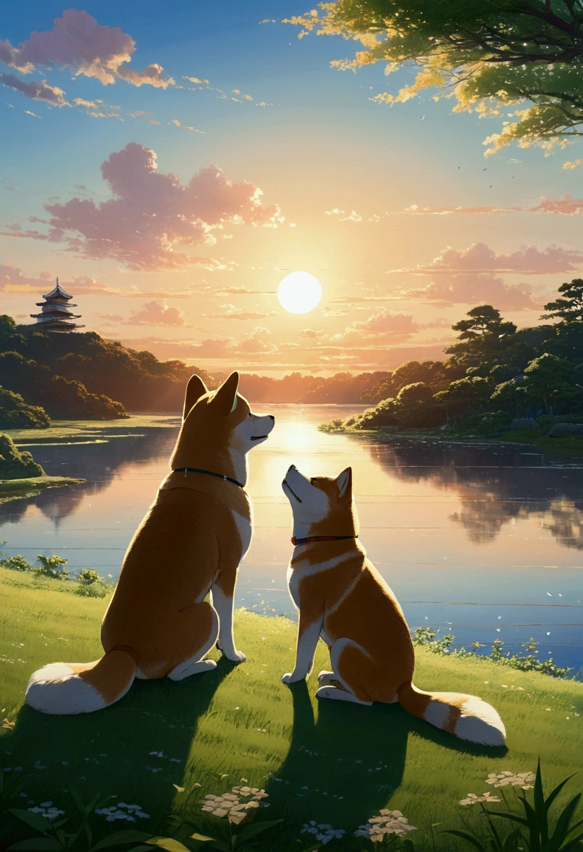 Makoto Shinkai Taste, Beautiful sky, Shiba Inu Puppy, ,Romantic Landscape, Healing scenes, Light pours in,hope, Summer Morning, Makoto Shinkai Taste,Detailed Description, Japanese Shrines, Sunset, Mystical scene,