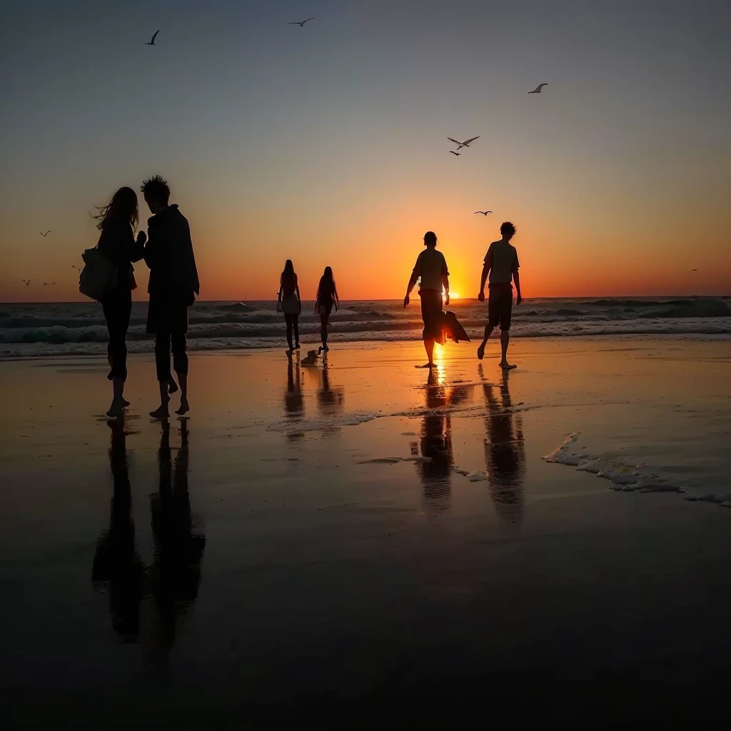 people walking on the beach Sunset with birds flying overhead, Sunset的海滩, at beach Sunset, People on the beach, on the beach Sunset, Sunset on the beach, Beach sunset, End of the day, Photo taken in 2 0 2 0, Beach sunset, Sunset, Stunning footage, Sunset, dusk setting
